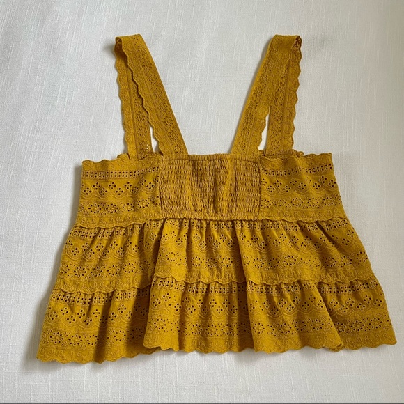 Forever 21 Yellow Floral Embroidered Eyelet Ruffle Top M - Picture 5 of 7